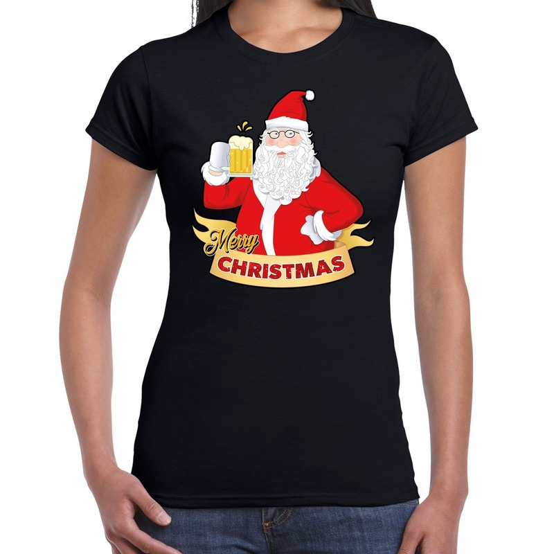 Zwart kerstshirt / kerstkleding santa met pul bier voor dames M - Top Merken Winkel
